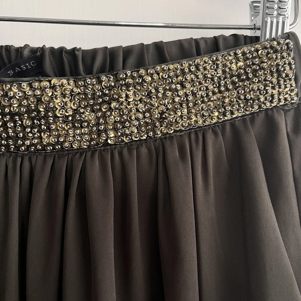 Zara M Pull On Beaded‎ Stretch Maxi Skirt Dark Olive Satin Boho Glam Fairygrunge